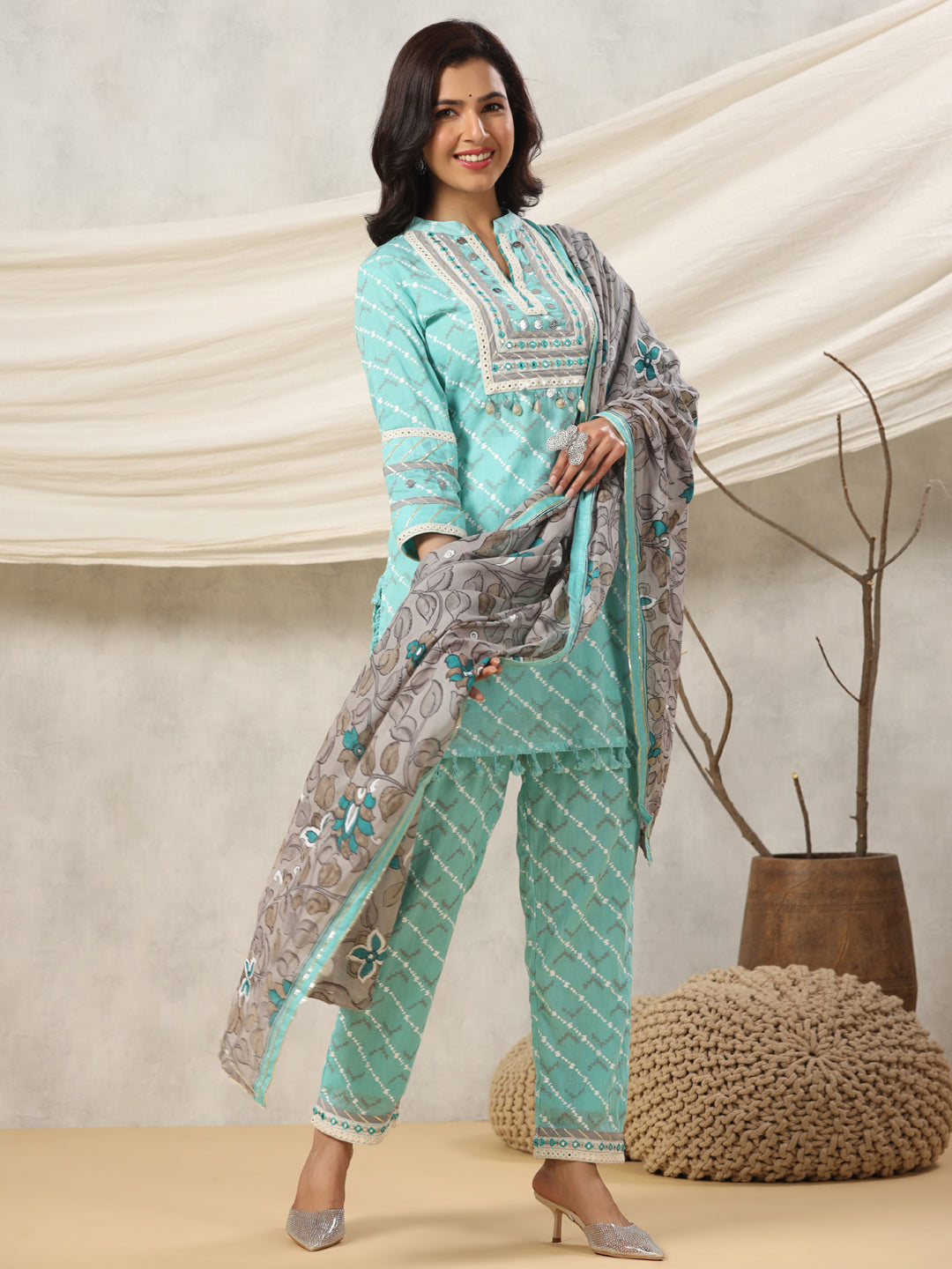 Straight Style Cotton Fabric Sea Green Color Kurta And Bottom With Dupatta