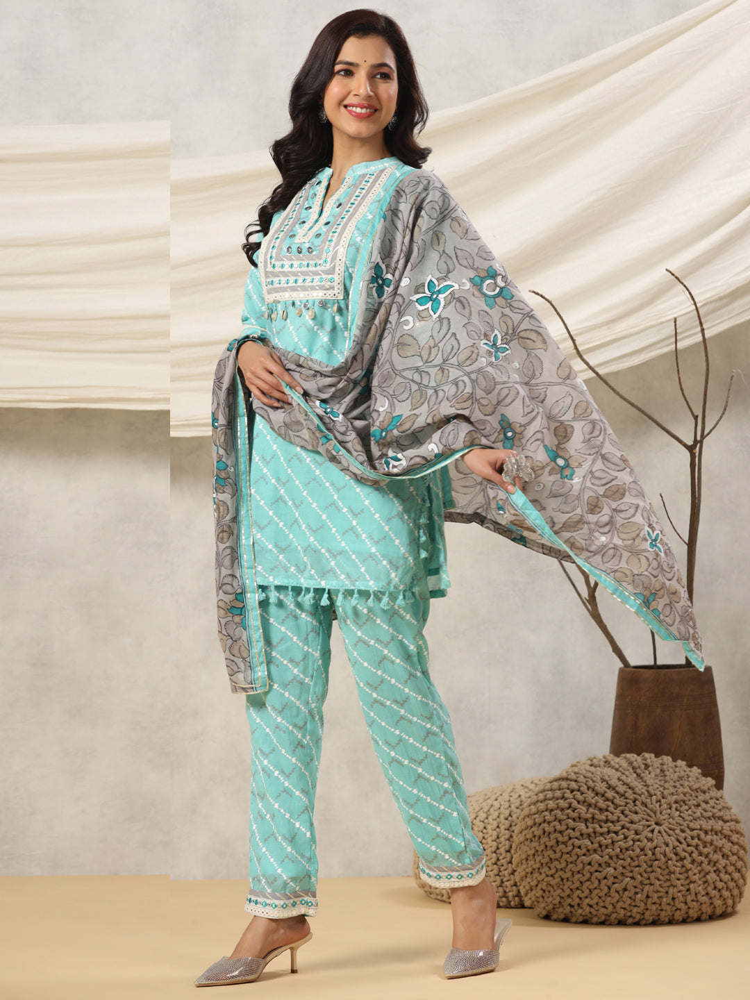 Straight Style Cotton Fabric Sea Green Color Kurta And Bottom With Dupatta
