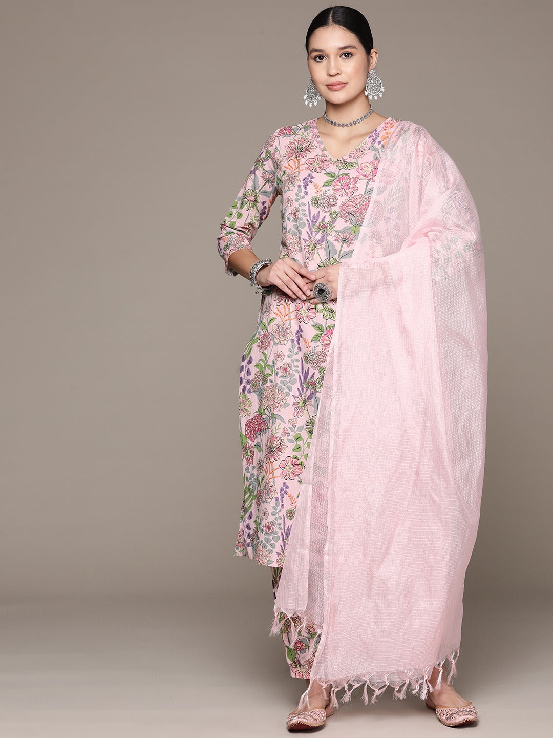 Straight Style Cotton Fabric Peach Color Kurta And Bottom With Dupatta
