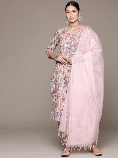 Straight Style Cotton Fabric Peach Color Kurta And Bottom With Dupatta