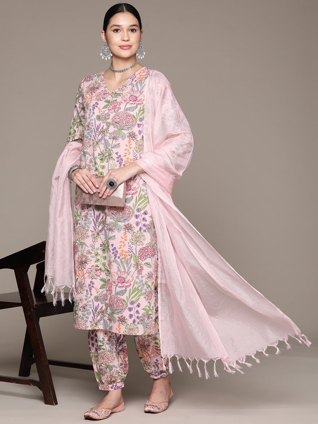 Straight Style Cotton Fabric Peach Color Kurta And Bottom With Dupatta