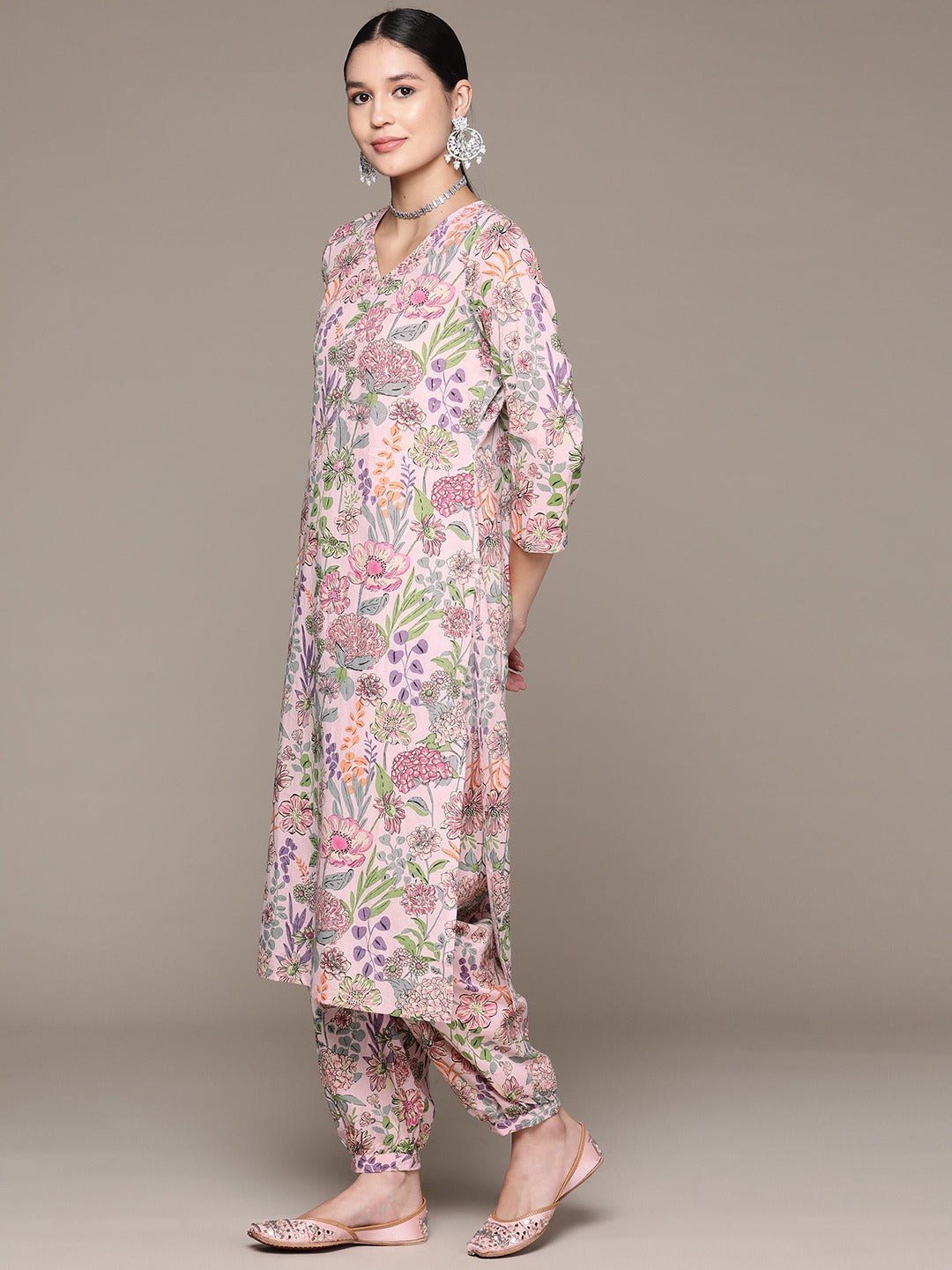 Straight Style Cotton Fabric Peach Color Kurta And Bottom With Dupatta