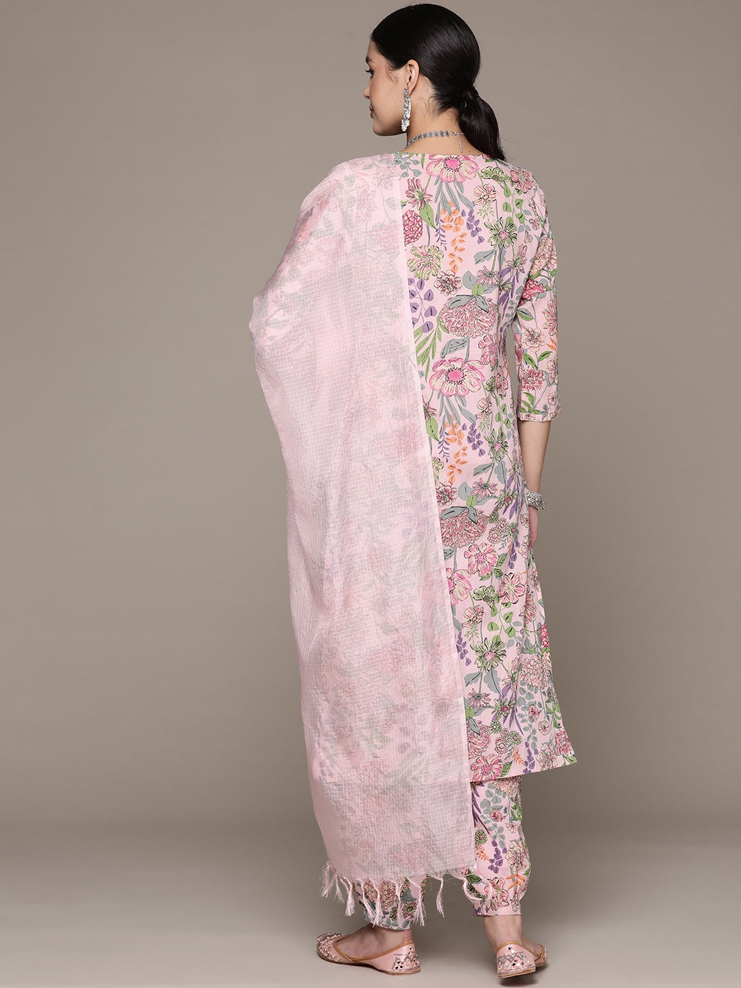 Straight Style Cotton Fabric Peach Color Kurta And Bottom With Dupatta