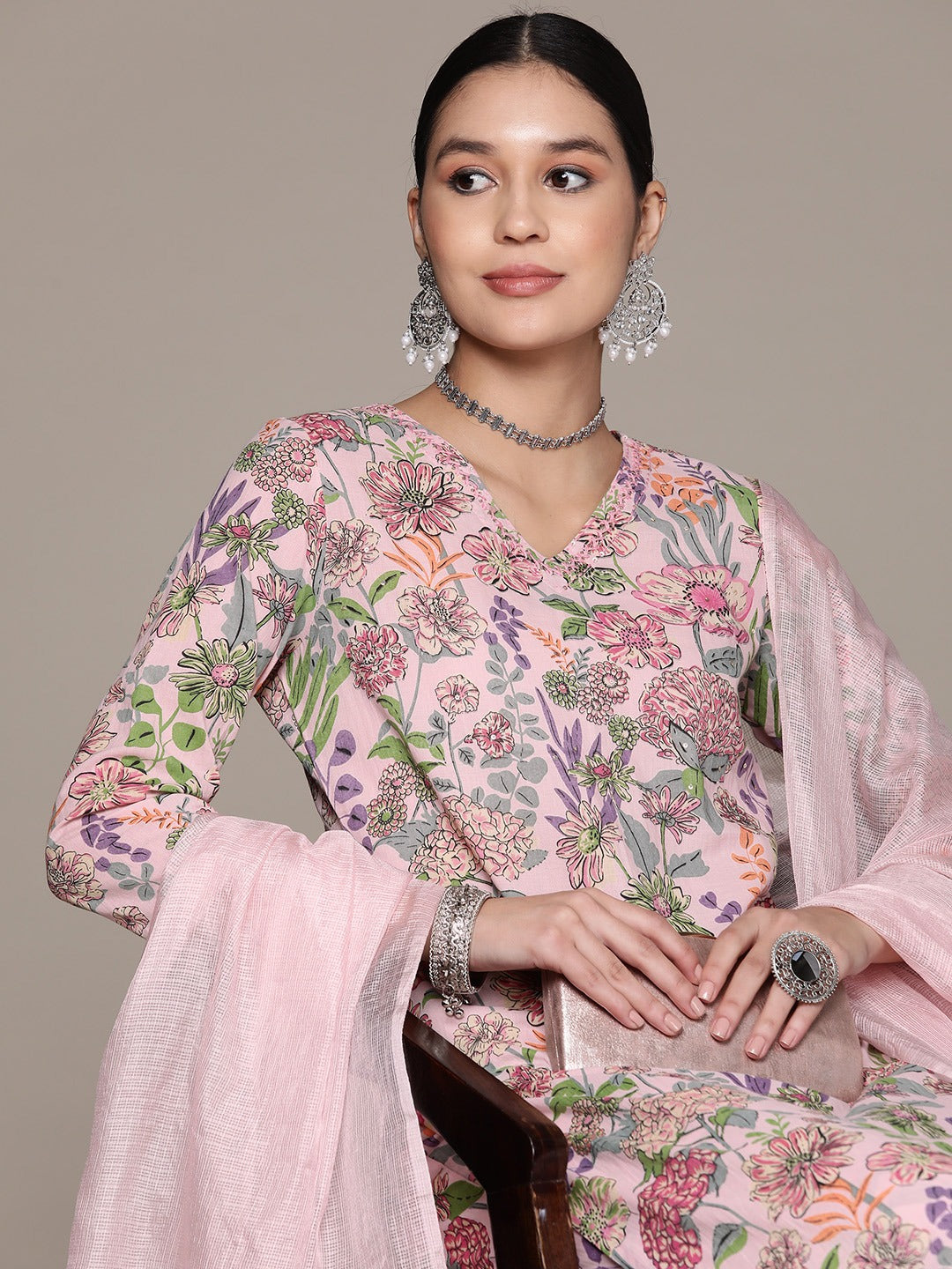 Straight Style Cotton Fabric Peach Color Kurta And Bottom With Dupatta