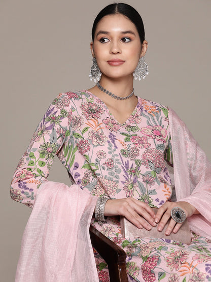 Straight Style Cotton Fabric Peach Color Kurta And Bottom With Dupatta