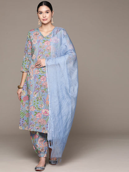 Straight Style Cotton Fabric Grey Color Kurta And Bottom With Dupatta