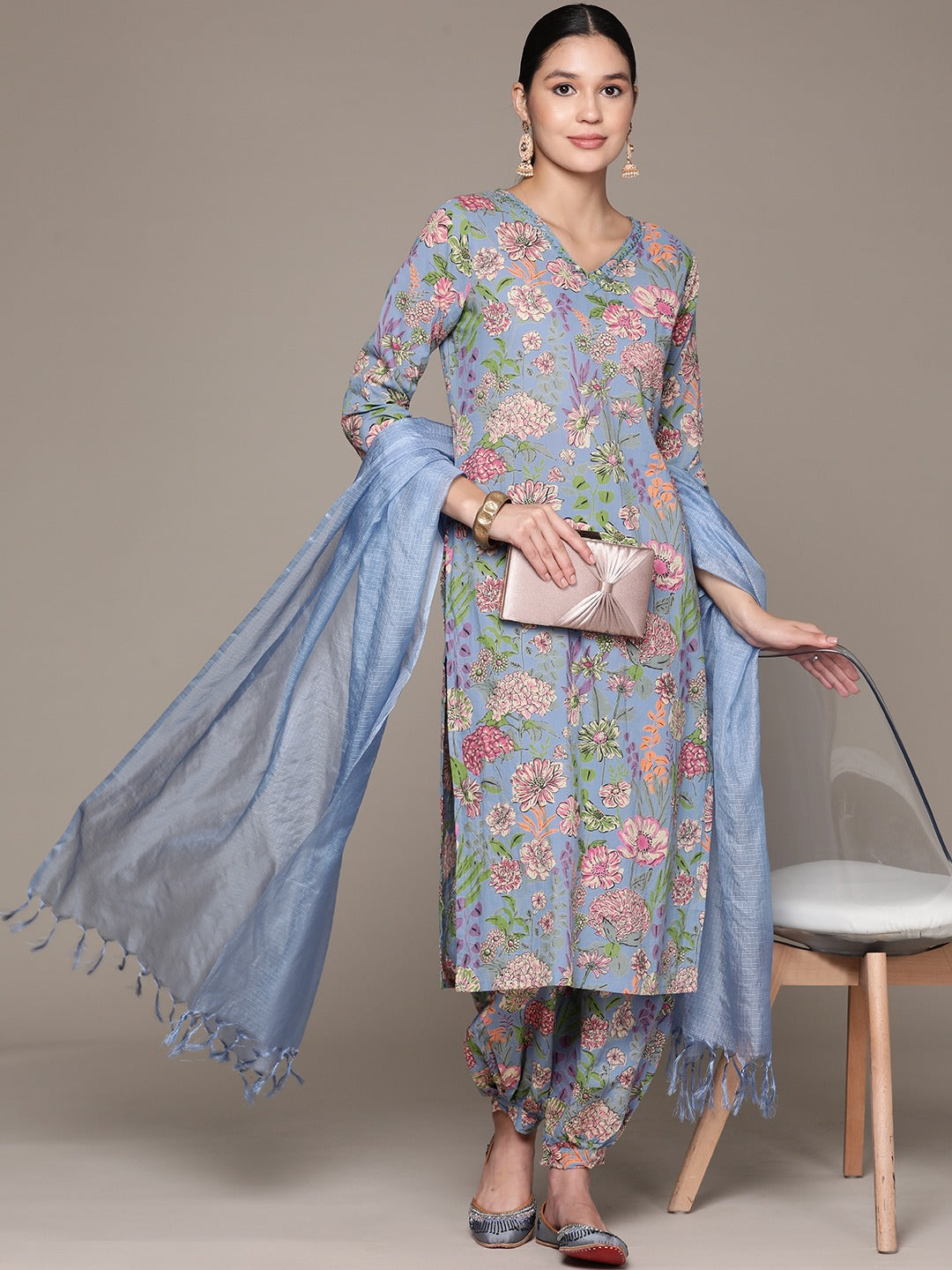 Straight Style Cotton Fabric Grey Color Kurta And Bottom With Dupatta
