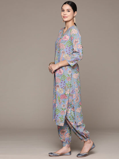 Straight Style Cotton Fabric Grey Color Kurta And Bottom With Dupatta