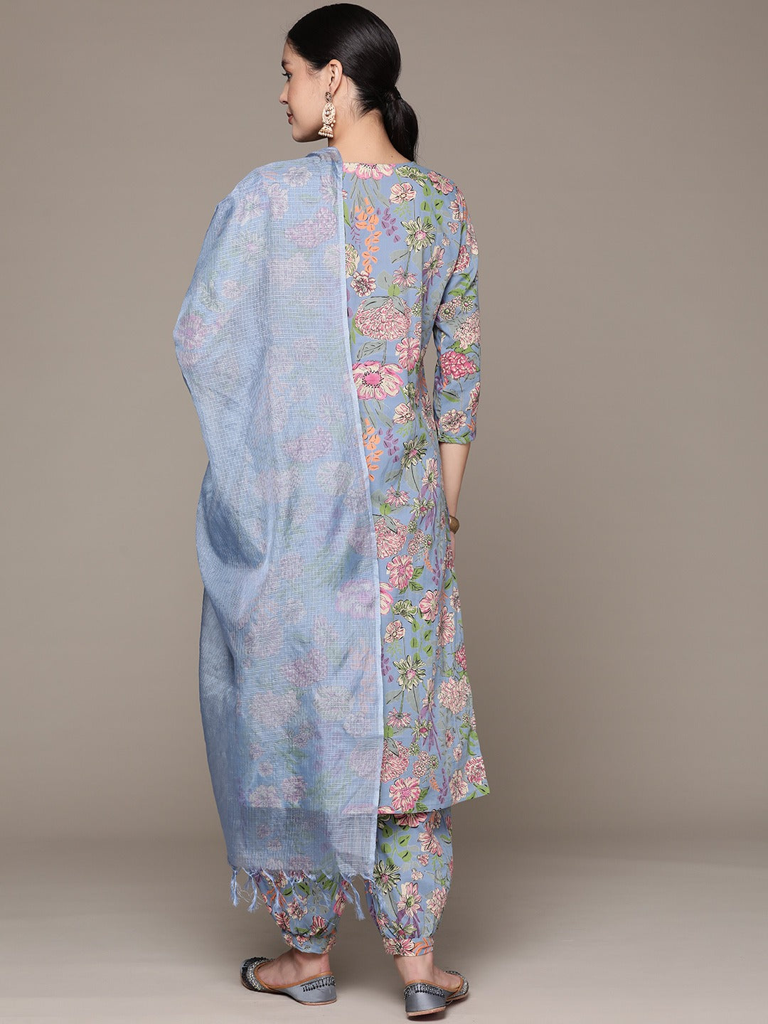 Straight Style Cotton Fabric Grey Color Kurta And Bottom With Dupatta