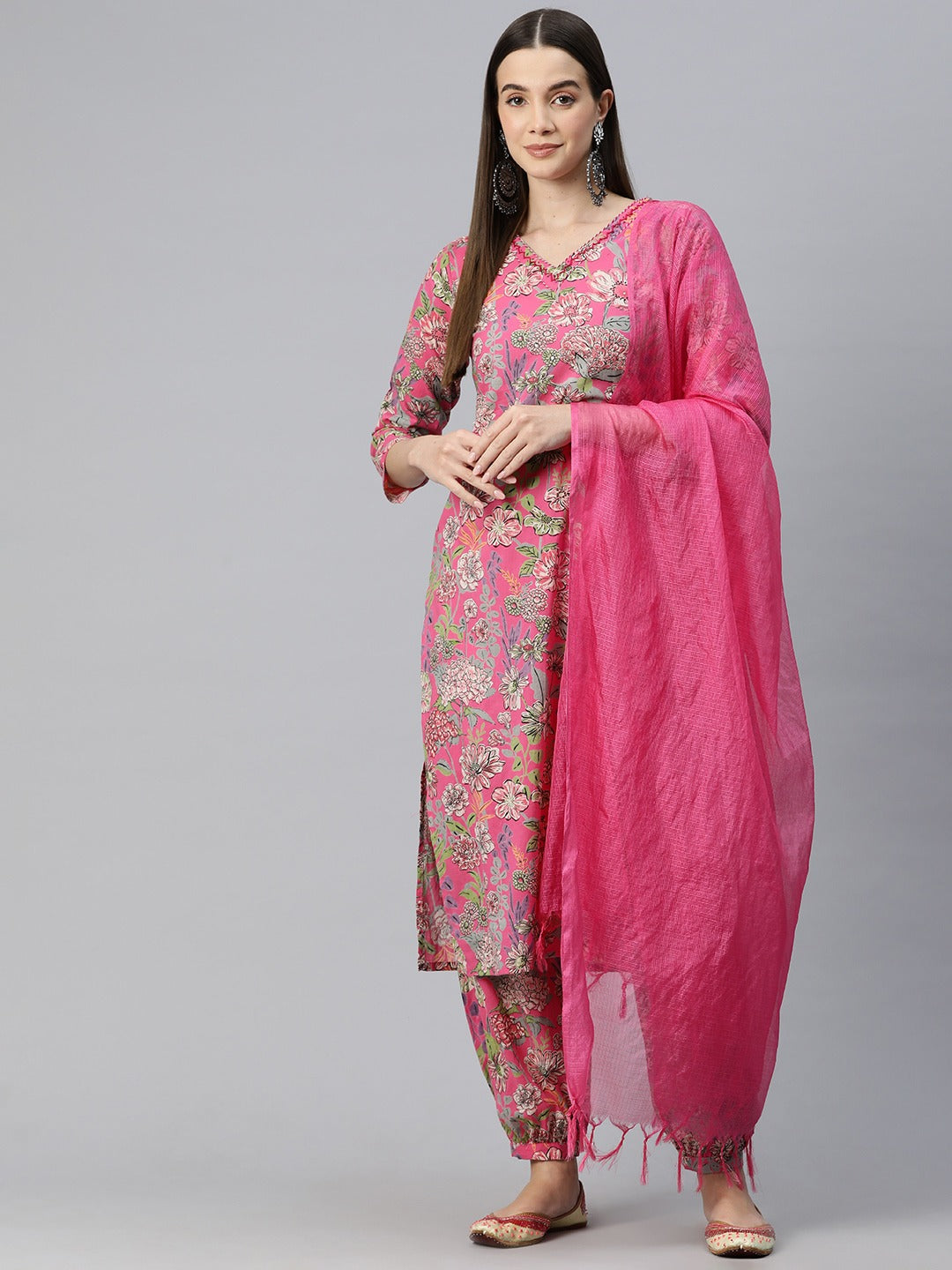 Straight Style Cotton Fabric Pink Color Kurta And Bottom With Dupatta