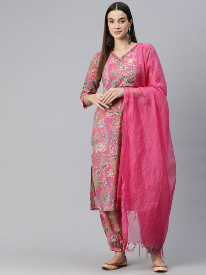 Straight Style Cotton Fabric Pink Color Kurta And Bottom With Dupatta