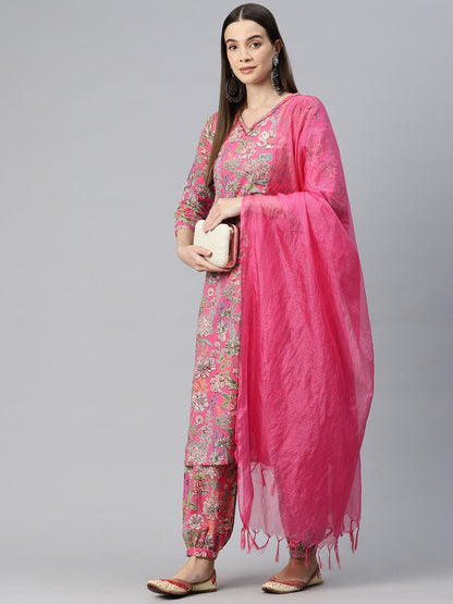 Straight Style Cotton Fabric Pink Color Kurta And Bottom With Dupatta