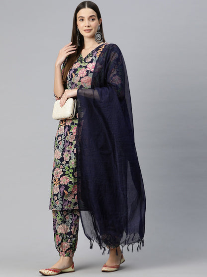 Straight Style Cotton Fabric Blue Color Kurta And Bottom With Dupatta
