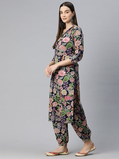 Straight Style Cotton Fabric Blue Color Kurta And Bottom With Dupatta
