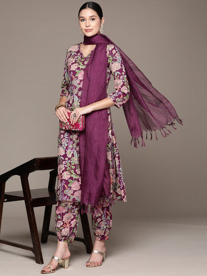 Straight Style Cotton Fabric Purple Color Kurta And Bottom With Dupatta