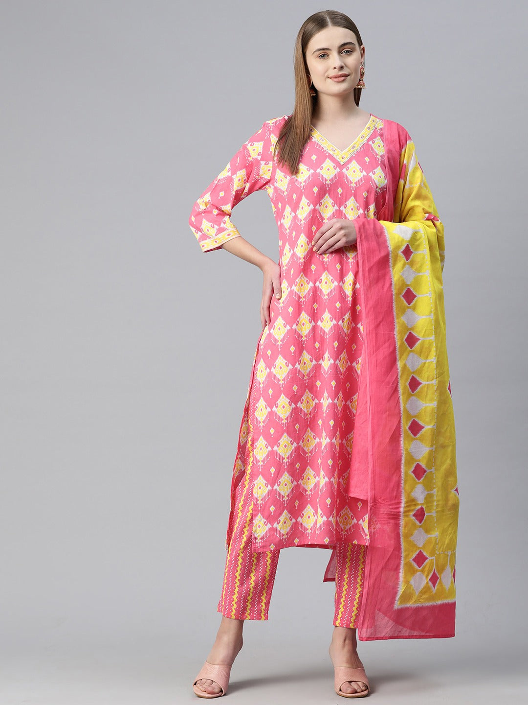 Straight Style Cotton Fabric Pink Color Kurta And Bottom With Dupatta
