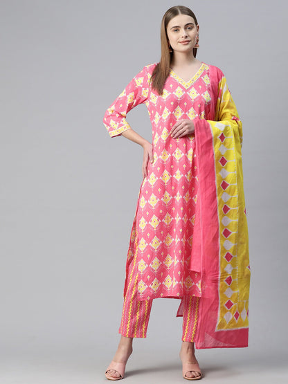 Straight Style Cotton Fabric Pink Color Kurta And Bottom With Dupatta
