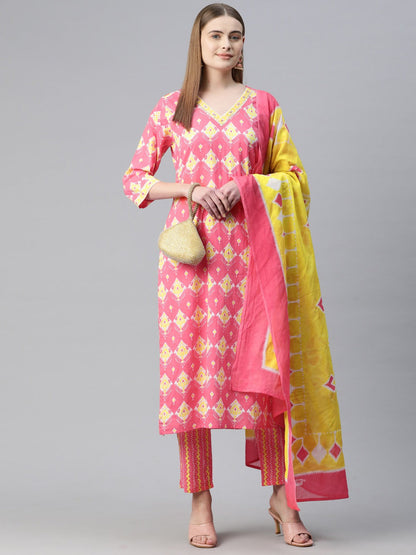 Straight Style Cotton Fabric Pink Color Kurta And Bottom With Dupatta