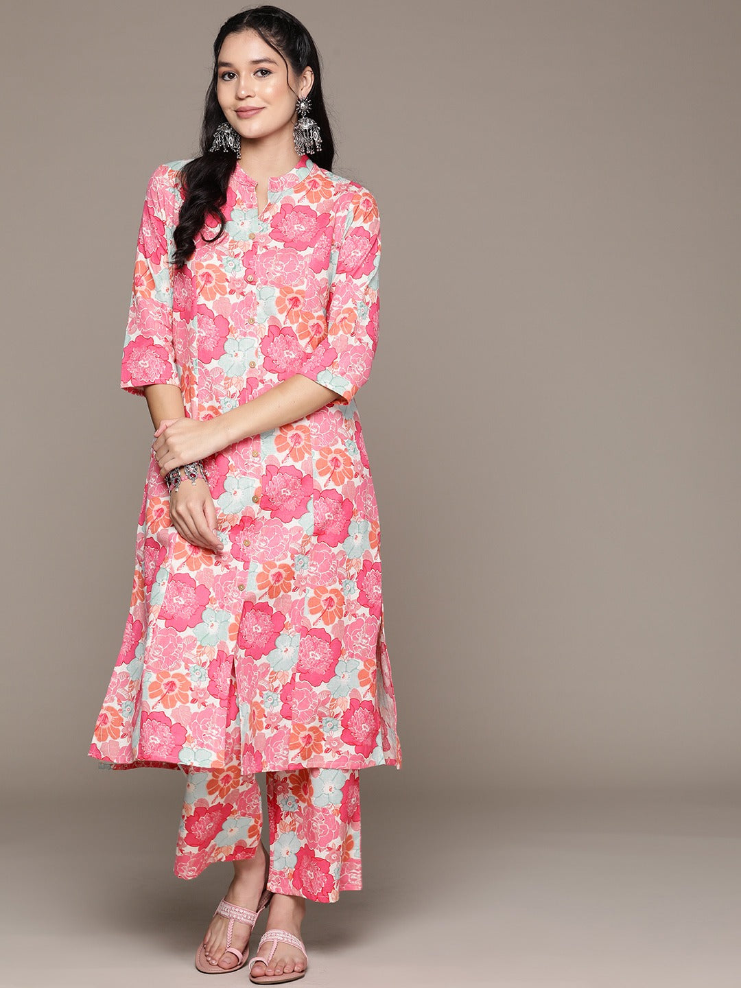 A Line Style Cotton Fabric Pink Color Kurta With Bottom