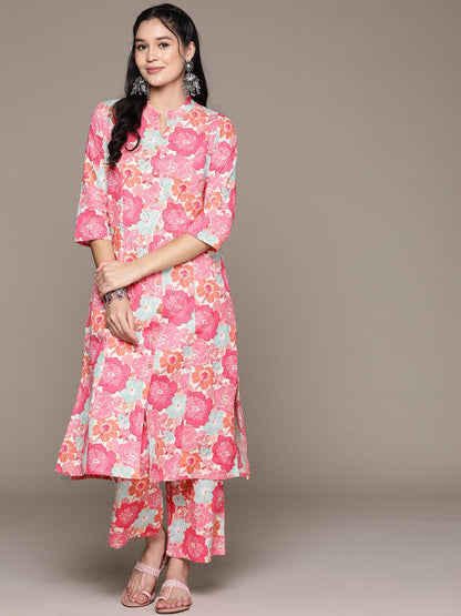 A Line Style Cotton Fabric Pink Color Kurta With Bottom