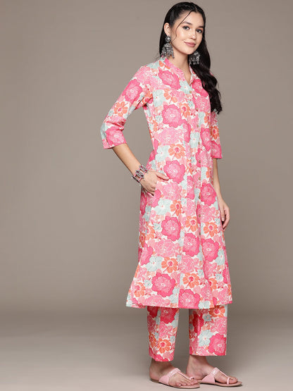 A Line Style Cotton Fabric Pink Color Kurta With Bottom