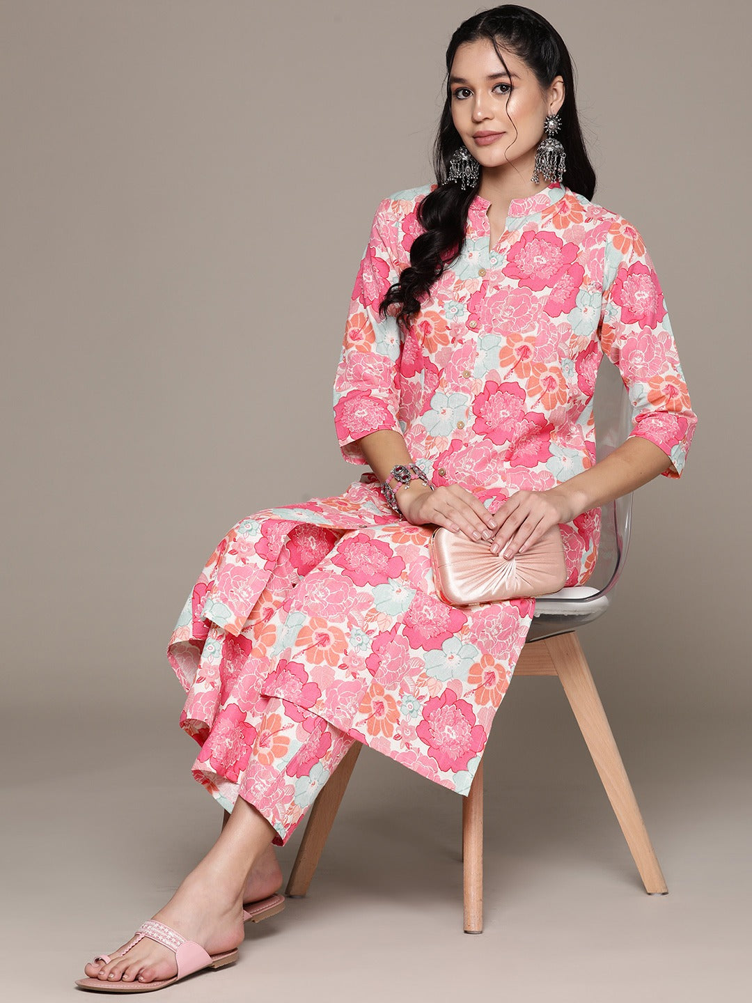 A Line Style Cotton Fabric Pink Color Kurta With Bottom