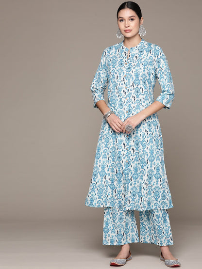 A Line Style Cotton Fabric Blue Color Kurta With Bottom