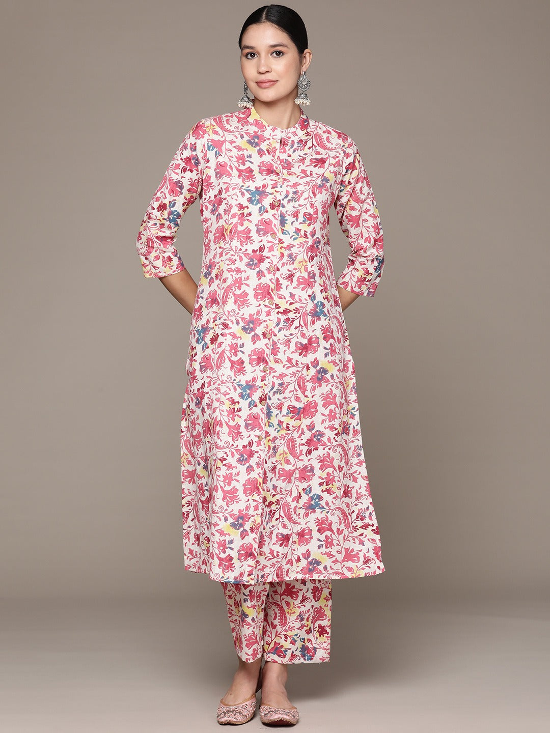 A Line Style Cotton Fabric Pink Color Kurta With Bottom