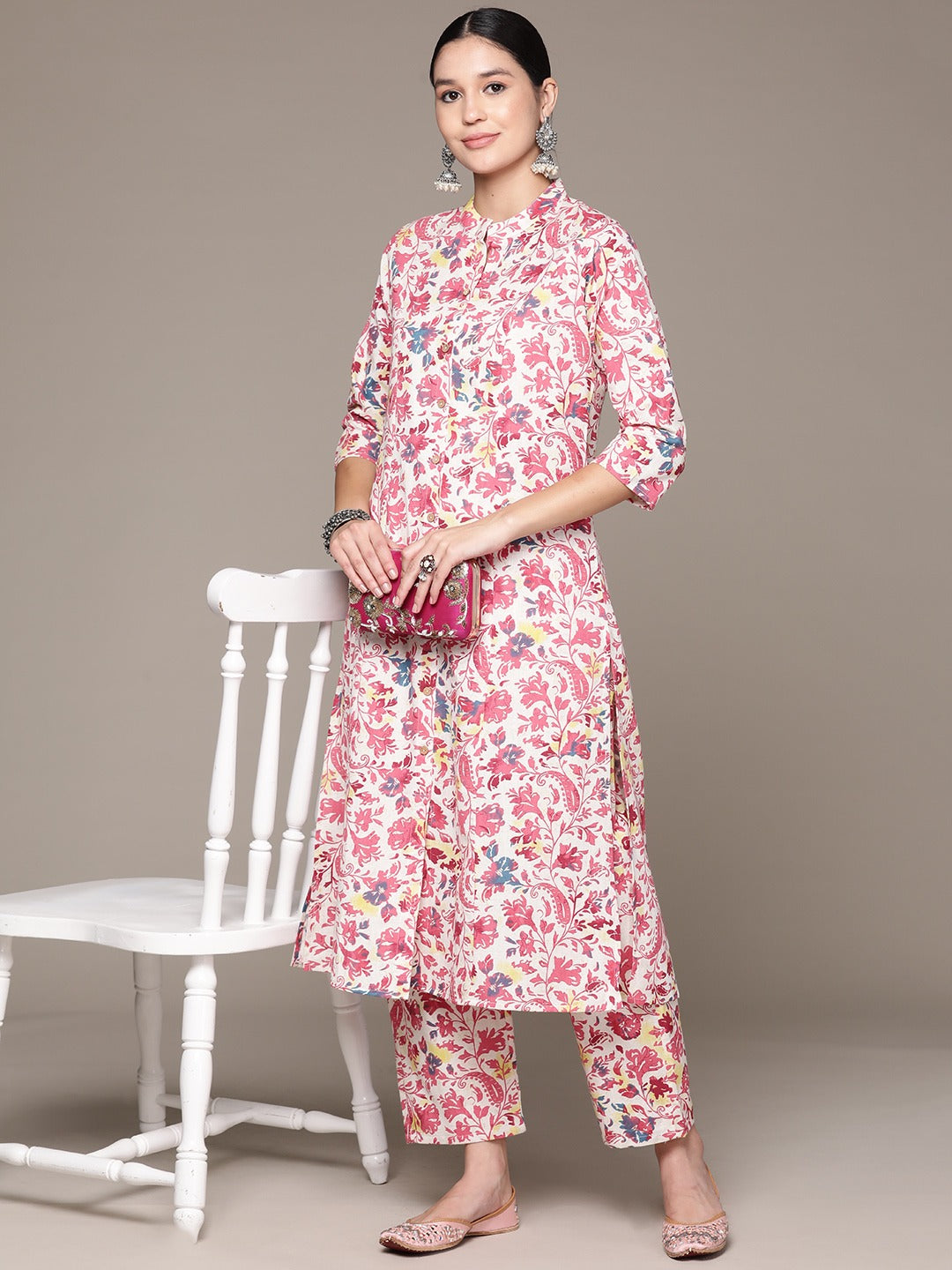 A Line Style Cotton Fabric Pink Color Kurta With Bottom