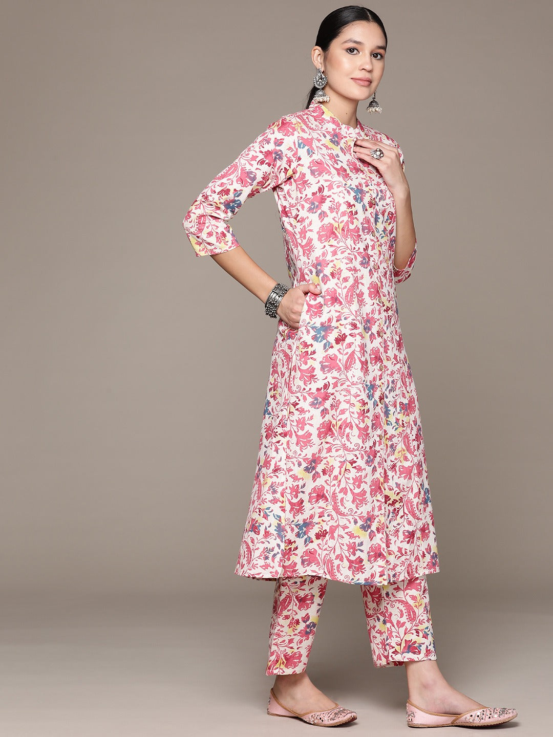 A Line Style Cotton Fabric Pink Color Kurta With Bottom