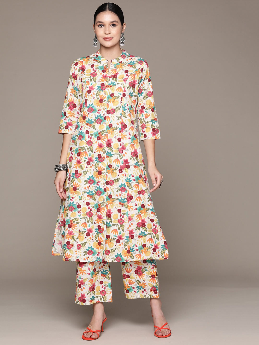 A Line Style Cotton Fabric Multi Color Kurta With Bottom