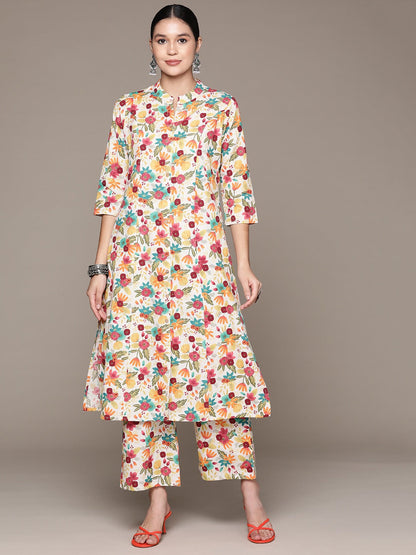 A Line Style Cotton Fabric Multi Color Kurta With Bottom