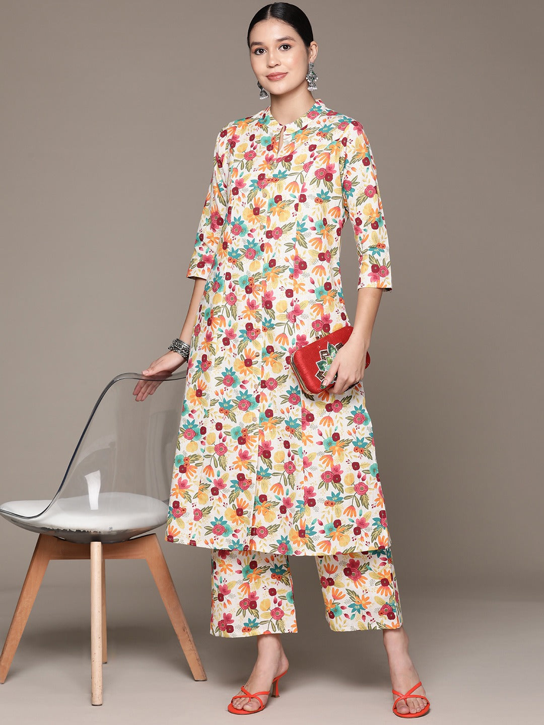 A Line Style Cotton Fabric Multi Color Kurta With Bottom