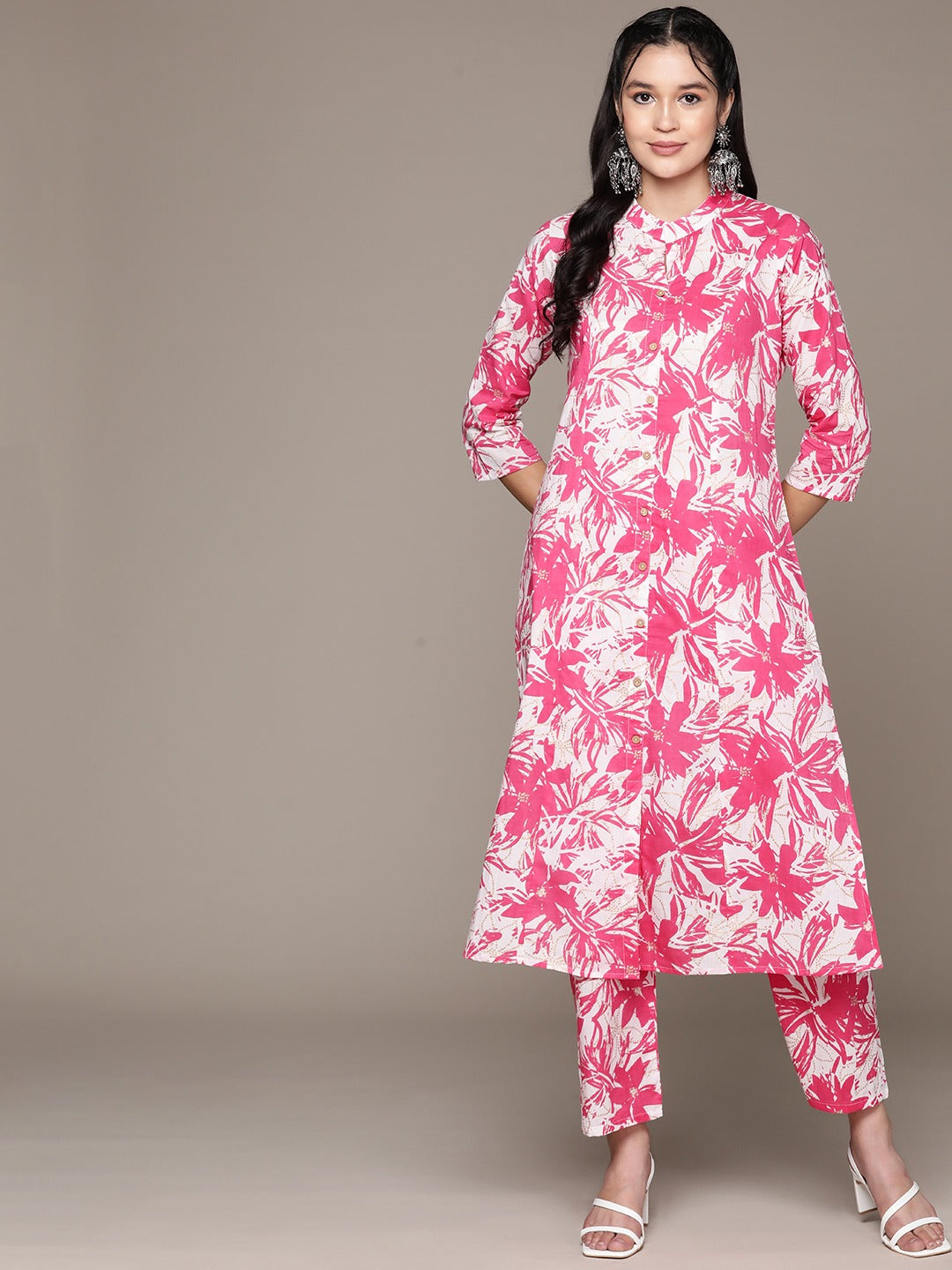 A Line Style Cotton Fabric Pink Color Kurta With Bottom