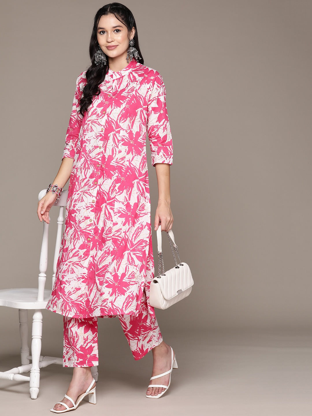 A Line Style Cotton Fabric Pink Color Kurta With Bottom