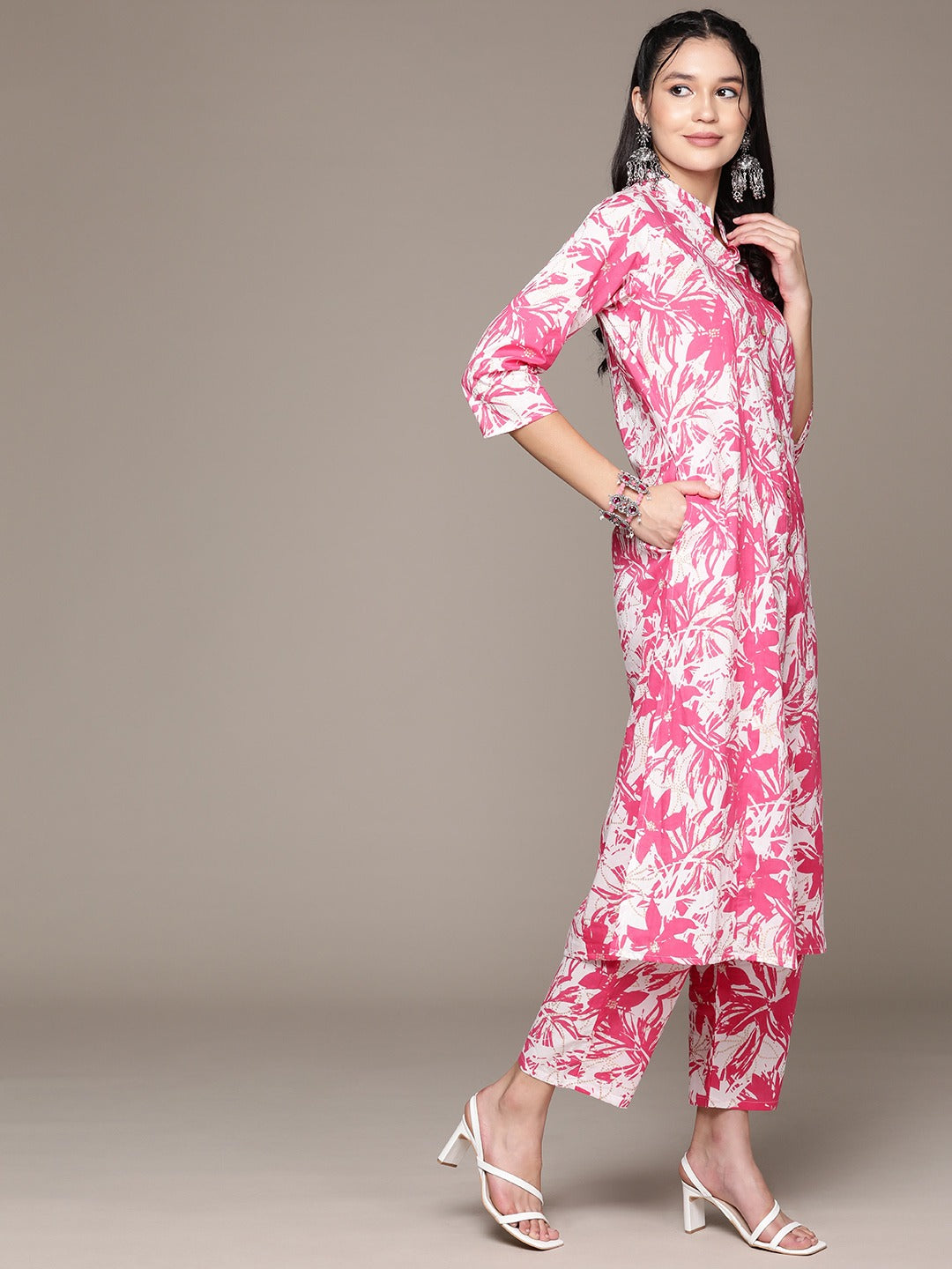 A Line Style Cotton Fabric Pink Color Kurta With Bottom