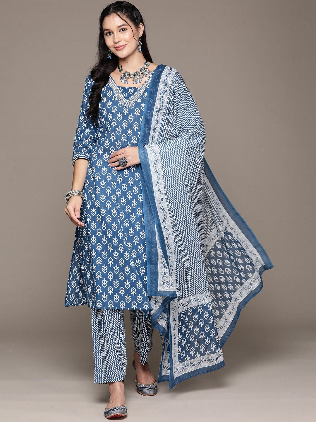 Straight Style Cotton Fabric Blue Color Kurta With Bottom And Dupatta