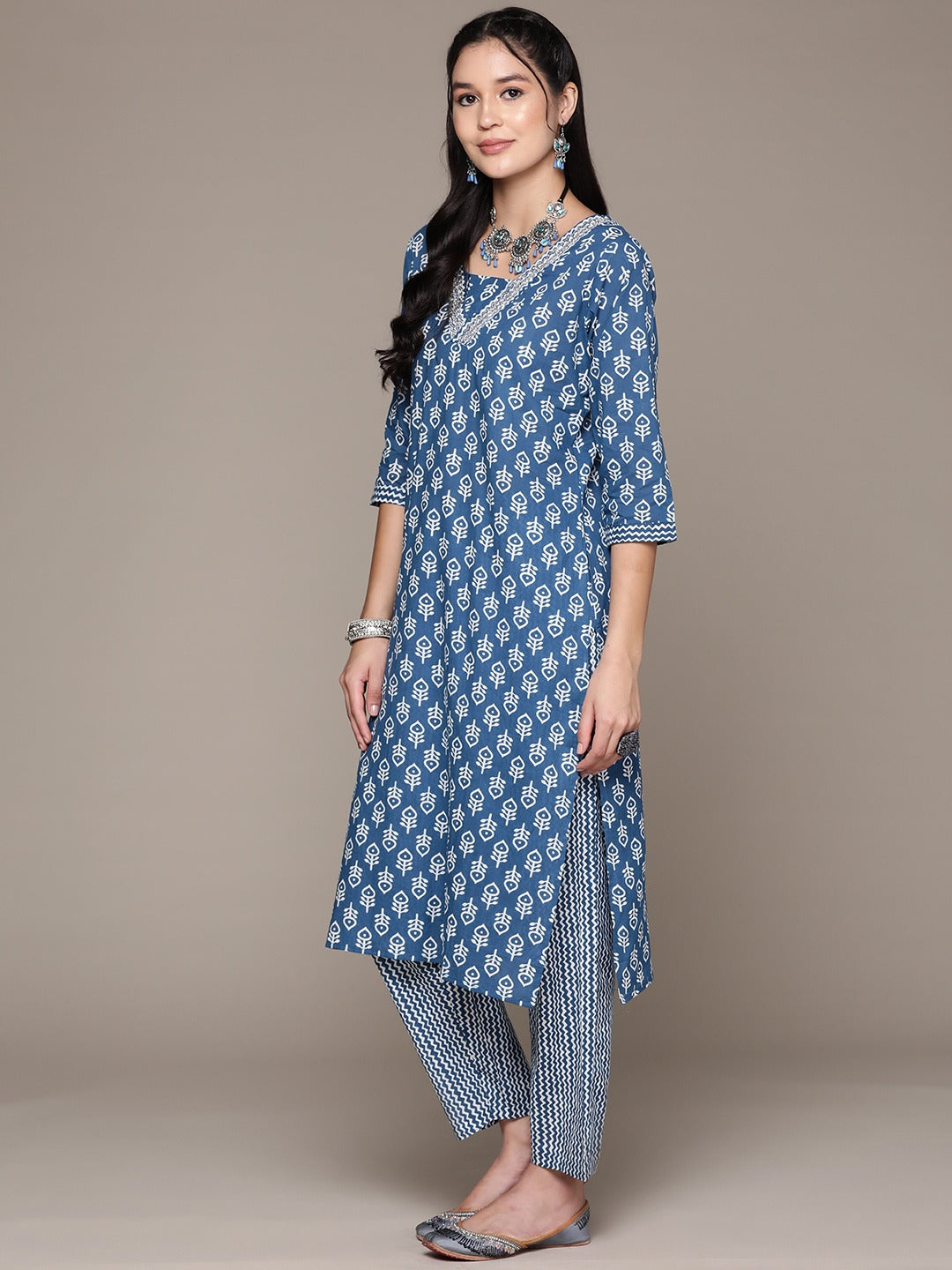 Straight Style Cotton Fabric Blue Color Kurta With Bottom And Dupatta