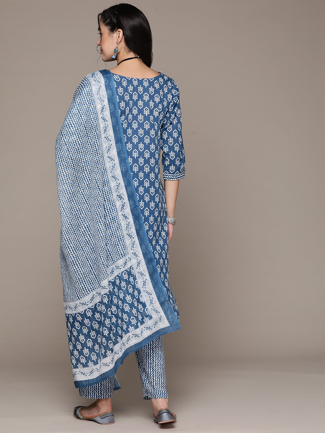 Straight Style Cotton Fabric Blue Color Kurta With Bottom And Dupatta