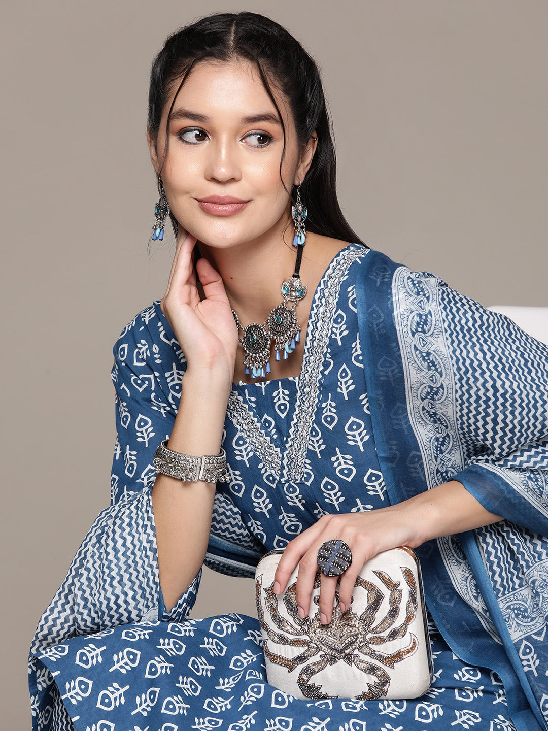 Straight Style Cotton Fabric Blue Color Kurta With Bottom And Dupatta