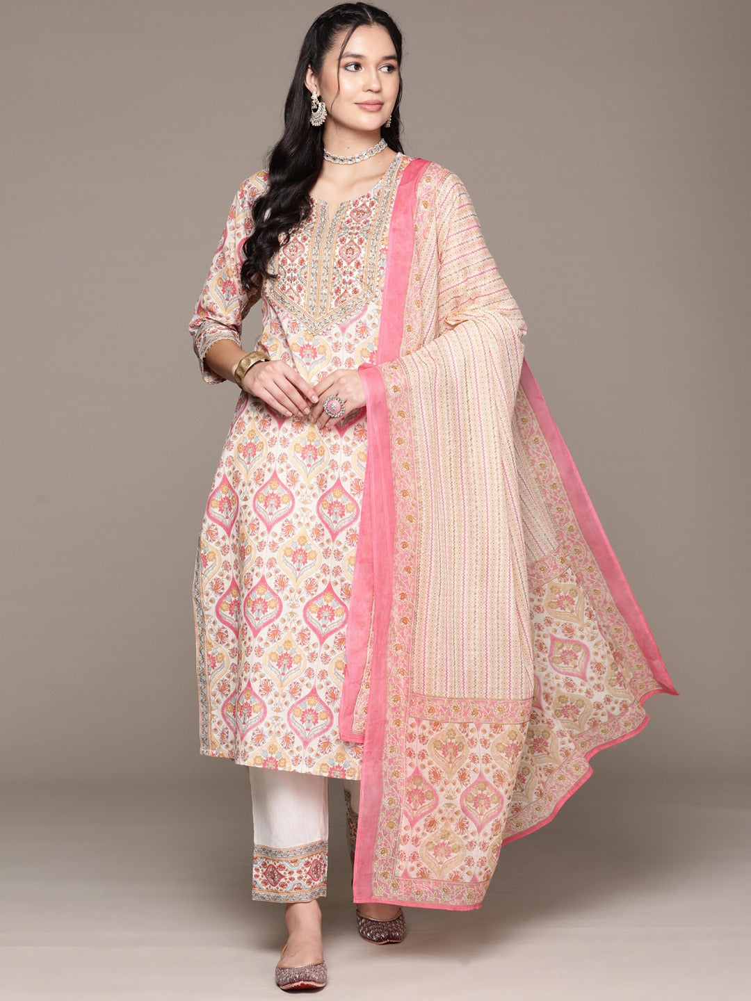 Straight Style Cotton Fabric Cream Color Kurta With Bottom And Dupatta