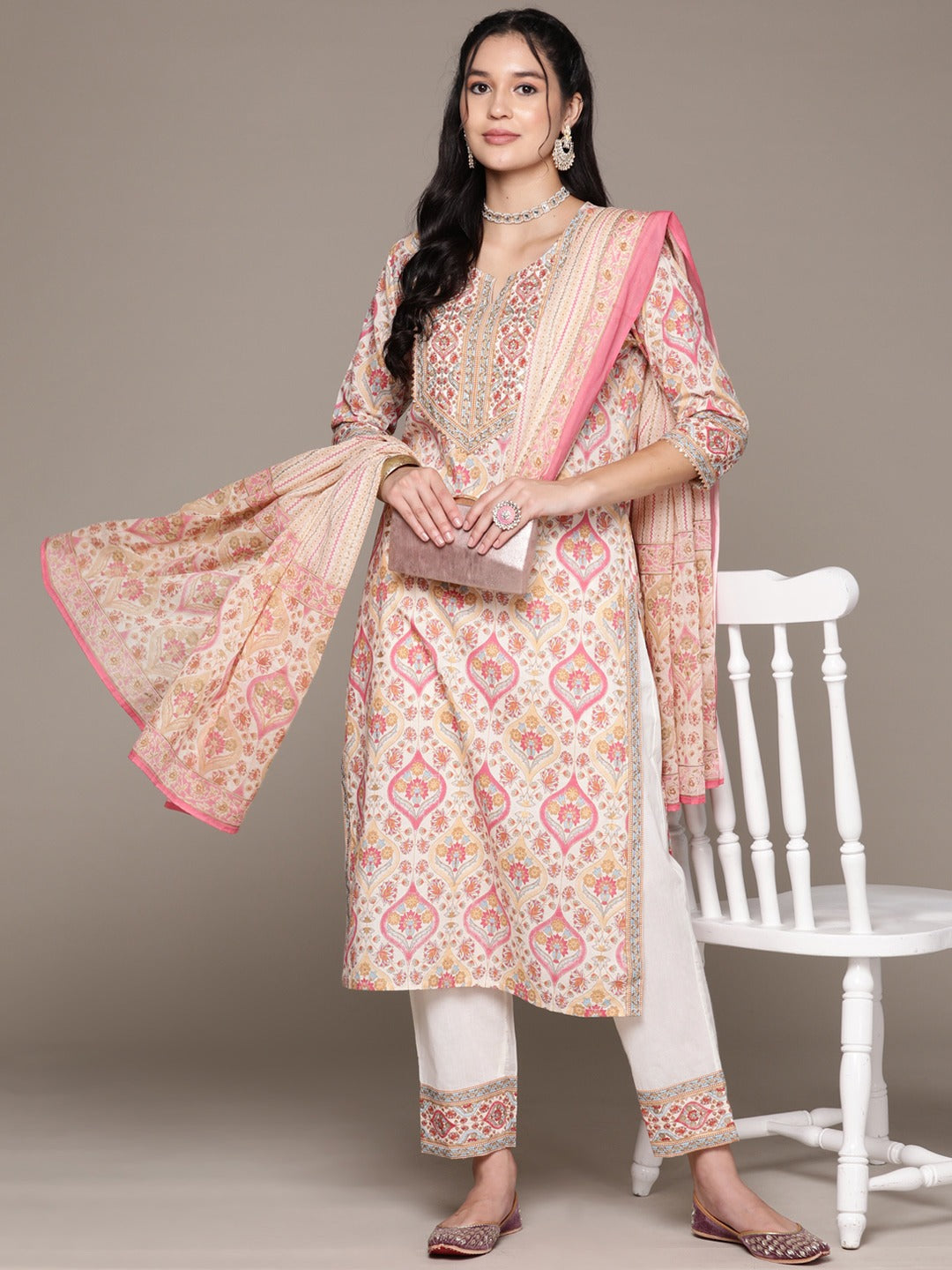 Straight Style Cotton Fabric Cream Color Kurta With Bottom And Dupatta