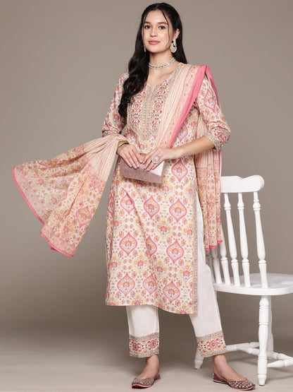 Straight Style Cotton Fabric Cream Color Kurta With Bottom And Dupatta
