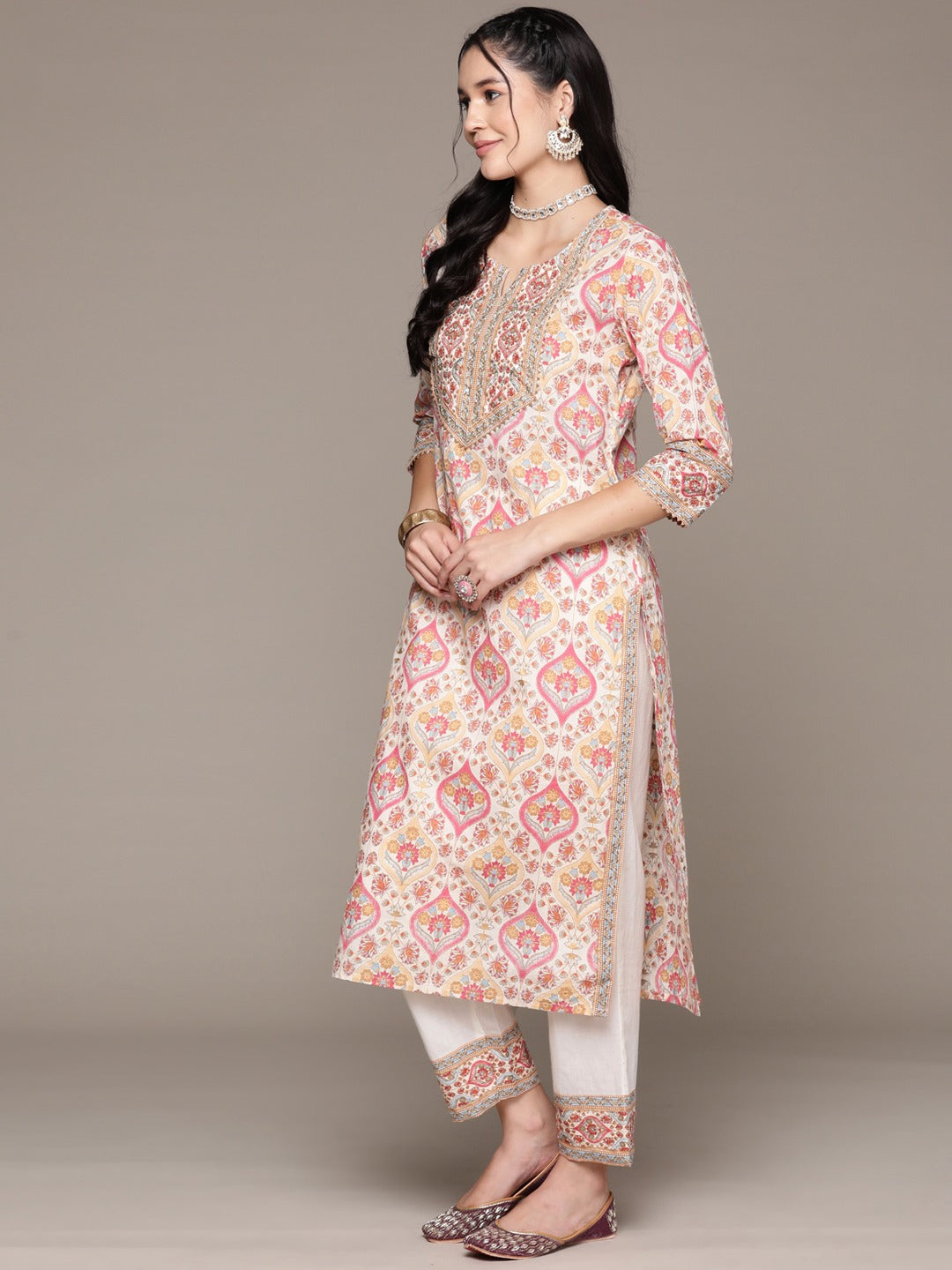 Straight Style Cotton Fabric Cream Color Kurta With Bottom And Dupatta