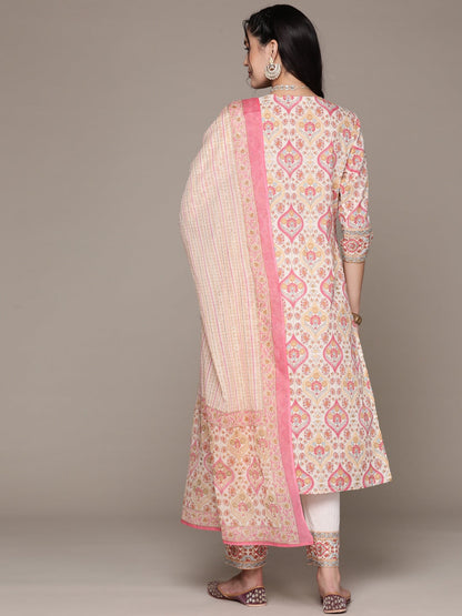 Straight Style Cotton Fabric Cream Color Kurta With Bottom And Dupatta