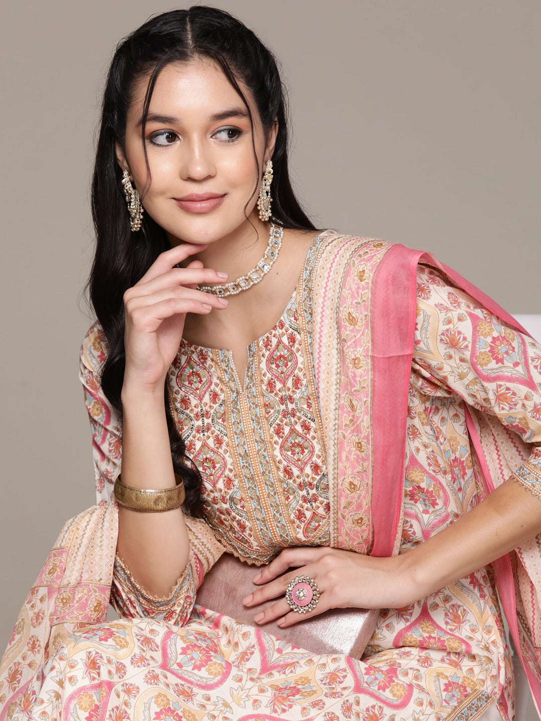 Straight Style Cotton Fabric Cream Color Kurta With Bottom And Dupatta