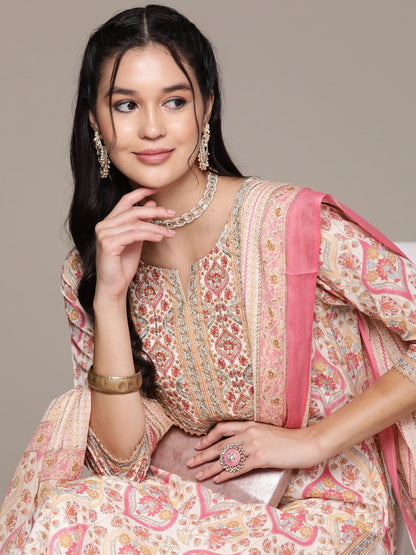 Straight Style Cotton Fabric Cream Color Kurta With Bottom And Dupatta