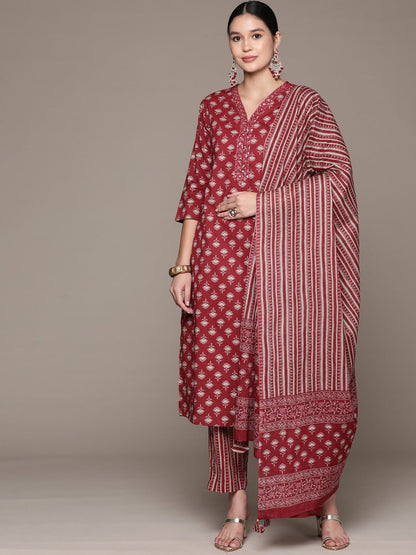 Straight Style Cotton Fabric Burgundy Color Kurta With Bottom And Dupatta