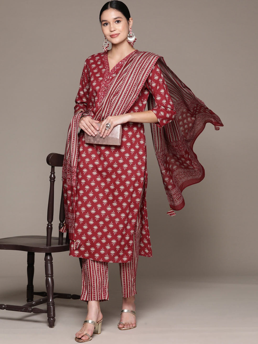 Straight Style Cotton Fabric Burgundy Color Kurta With Bottom And Dupatta