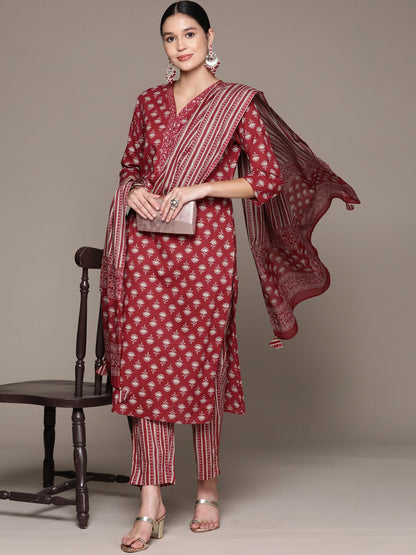 Straight Style Cotton Fabric Burgundy Color Kurta With Bottom And Dupatta